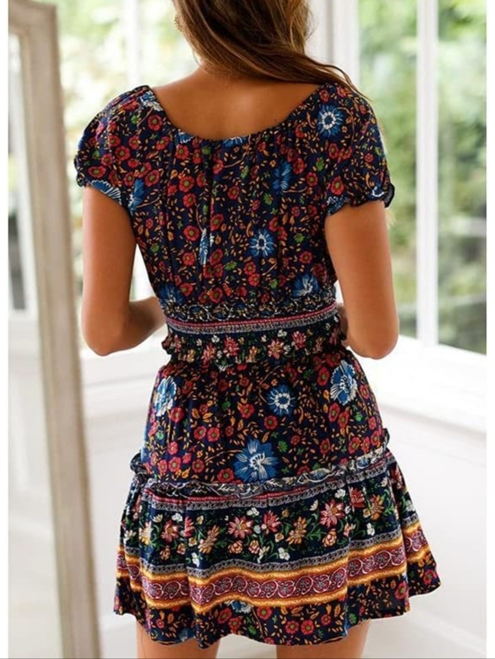 Simplee Womens Boho Floral Two-Piece Crop Top & Mini Skirt Set - Navy Sz L - Picture 5 of 10